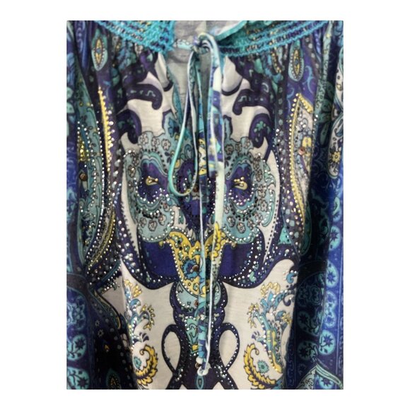 Dressbarn Women’s 2X Boho Peasant Top – Blue Paisley Smocked Flutter Sleeve Blou - Picture 3 of 7